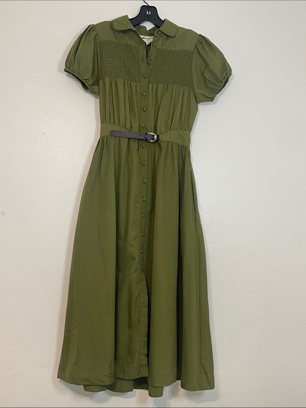 NWT Wishing Waves Olive Green Smocked Midi Shirt Dress Size Small